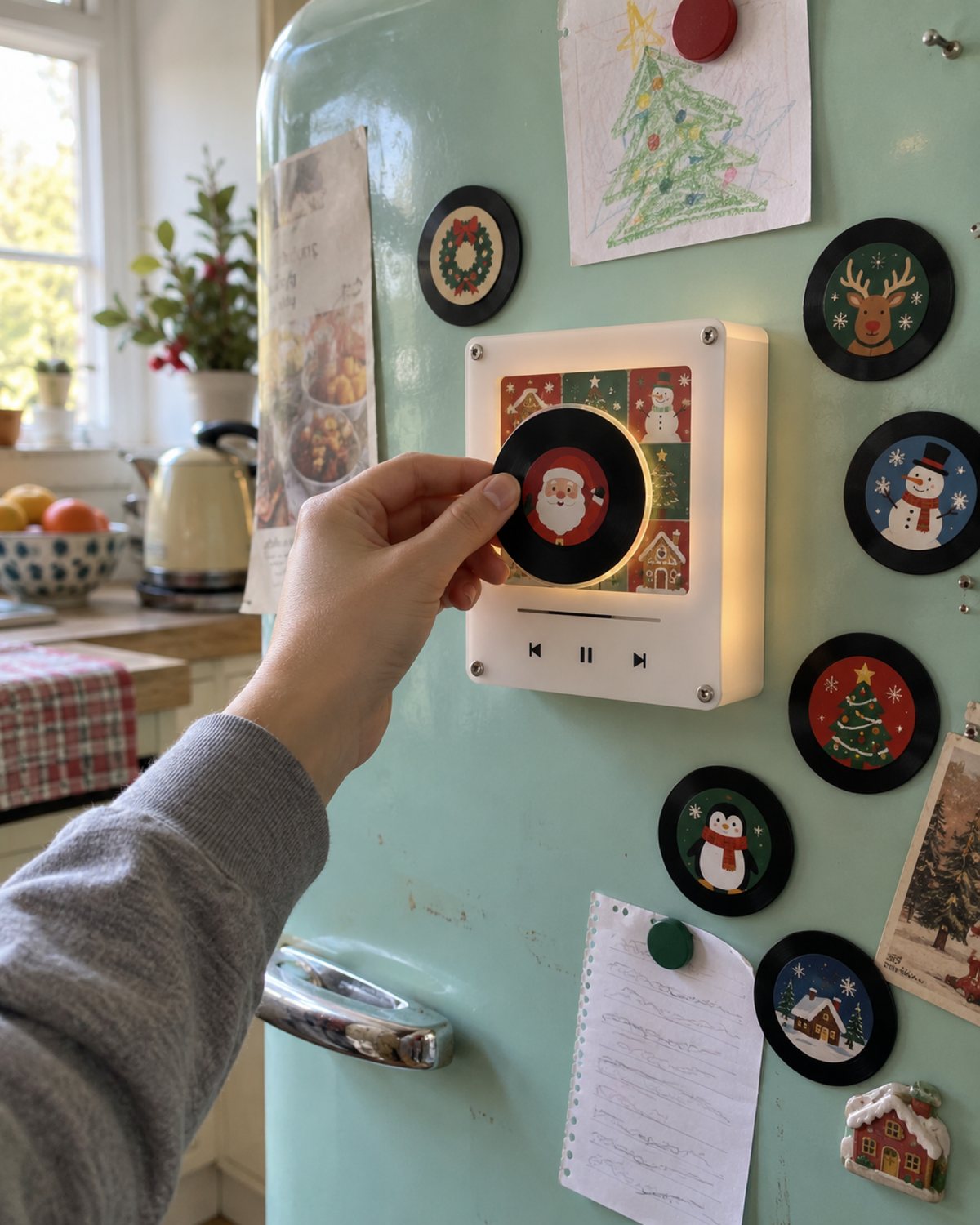 Player on a mint fridge door, a hand tapping a mini record onto it