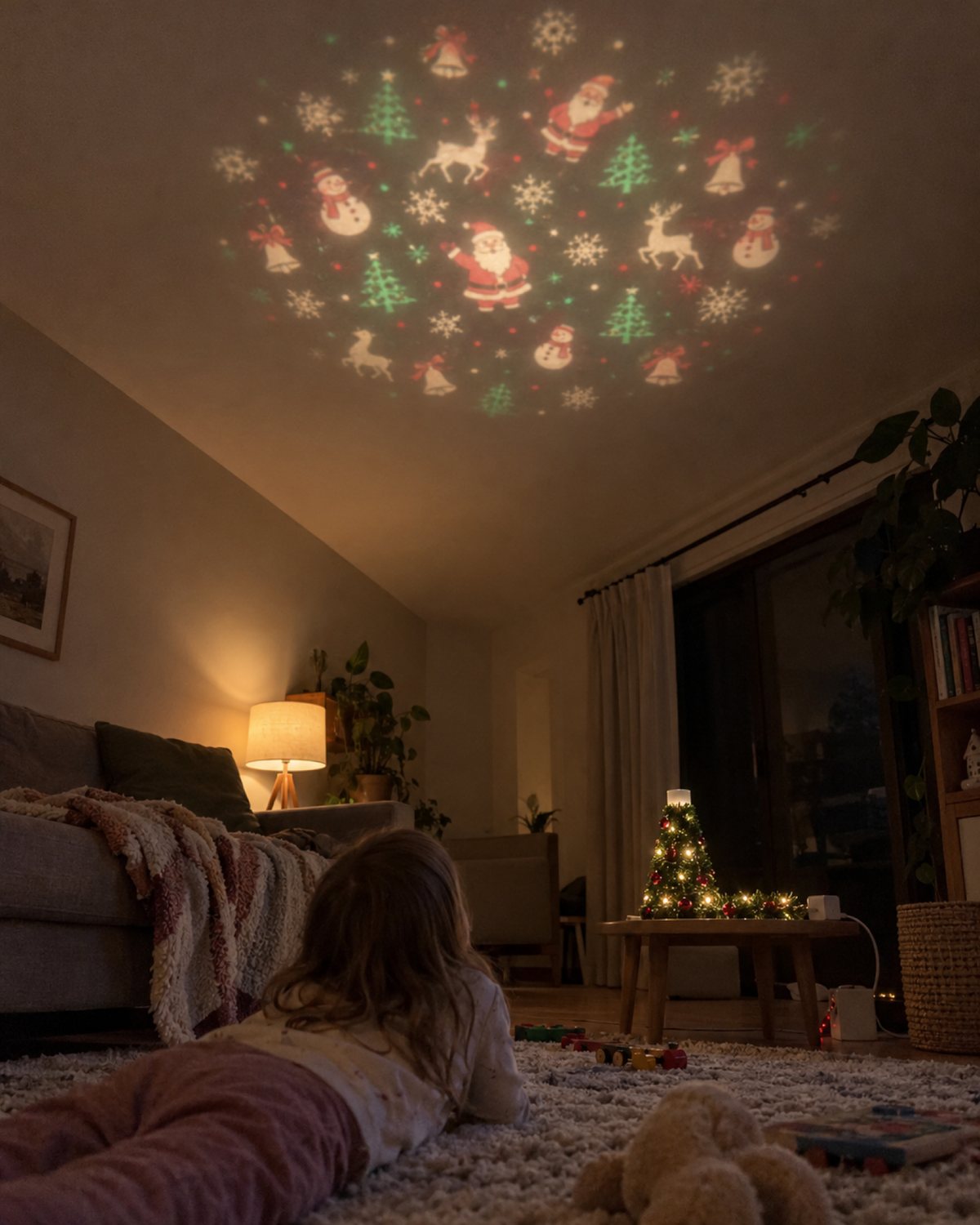 Tree lamp projecting Christmas pictures on a living-room ceiling