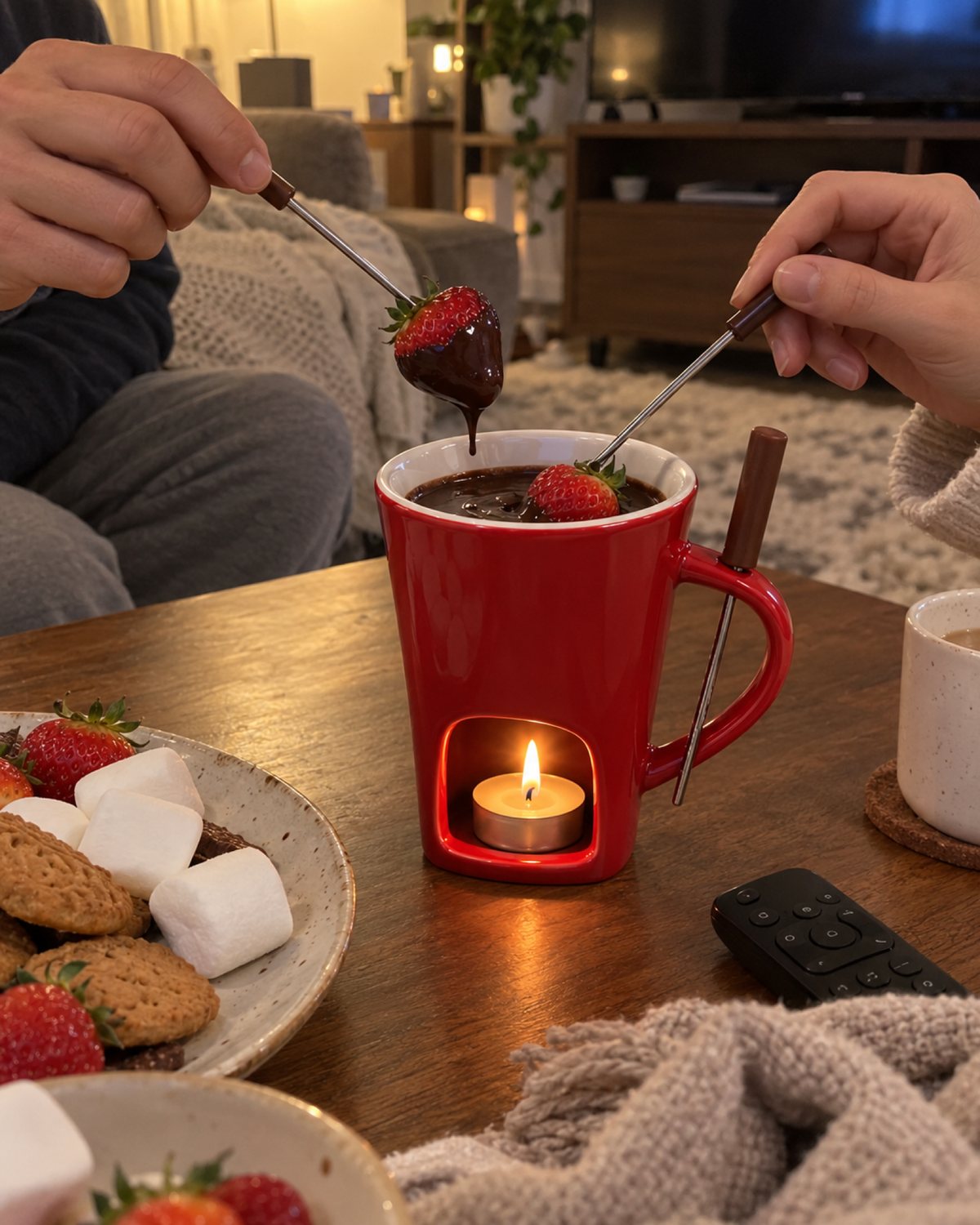 Dipping strawberries in the red fondue mug