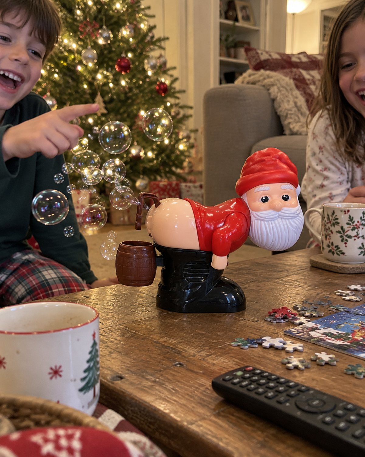 Cheeky Santa blowing bubbles on a coffee table by the tree