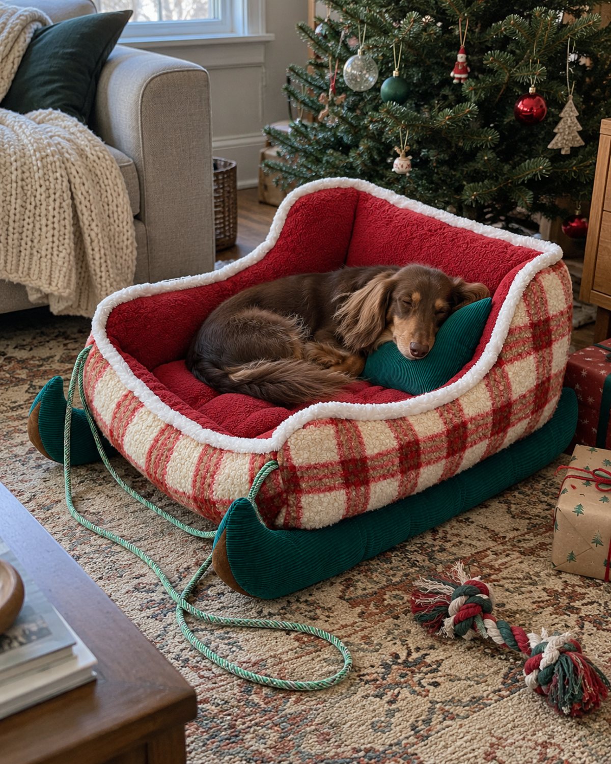 Dachshund asleep in the Santa Red sleigh bed by the tree
