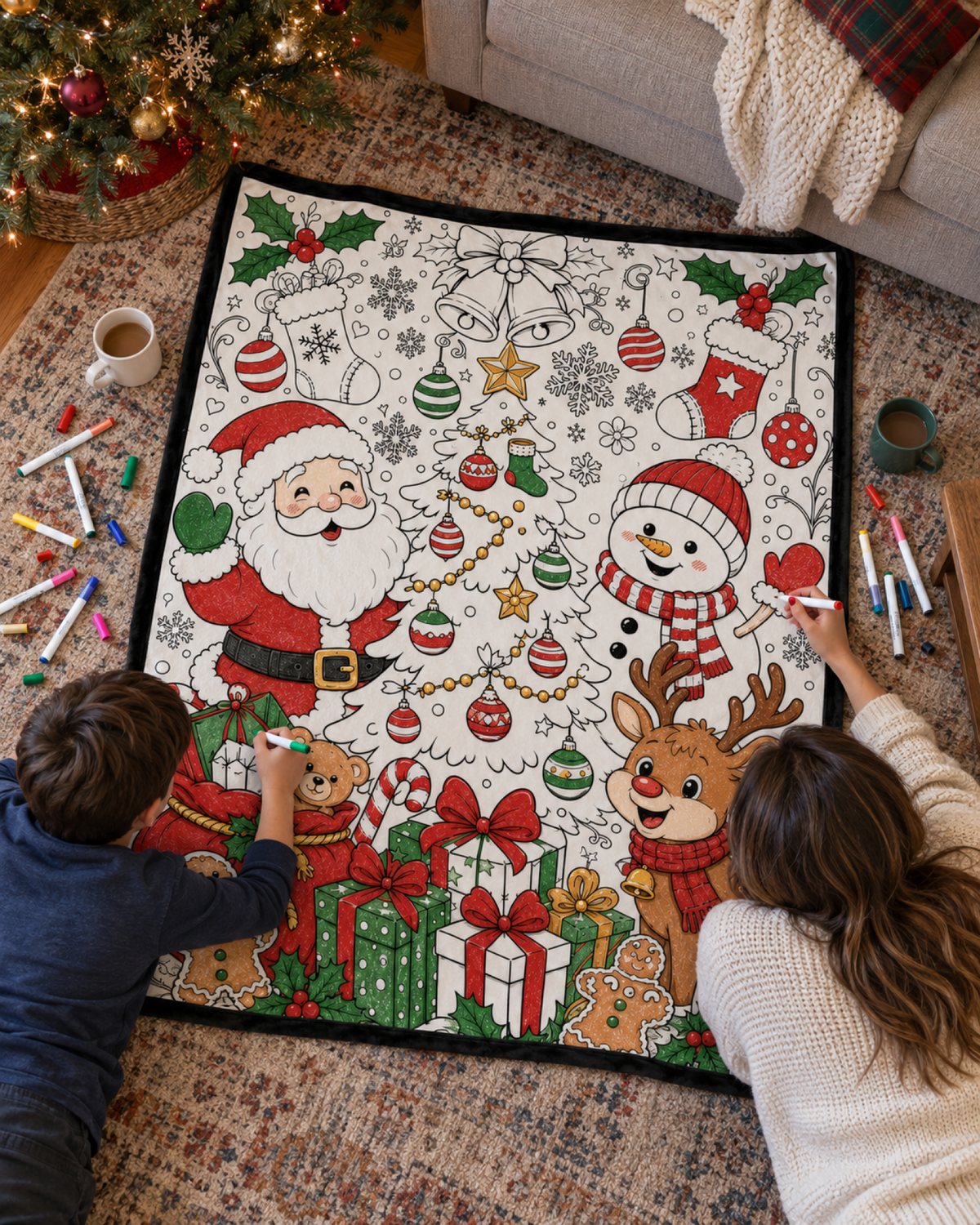 Two people coloring the Christmas Friends blanket on the living-room floor