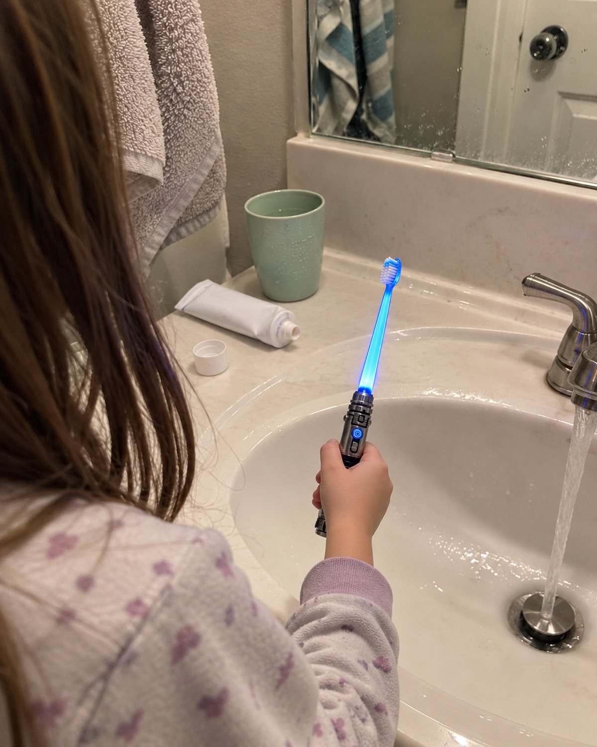 Child brushing with the glowing blue toothbrush