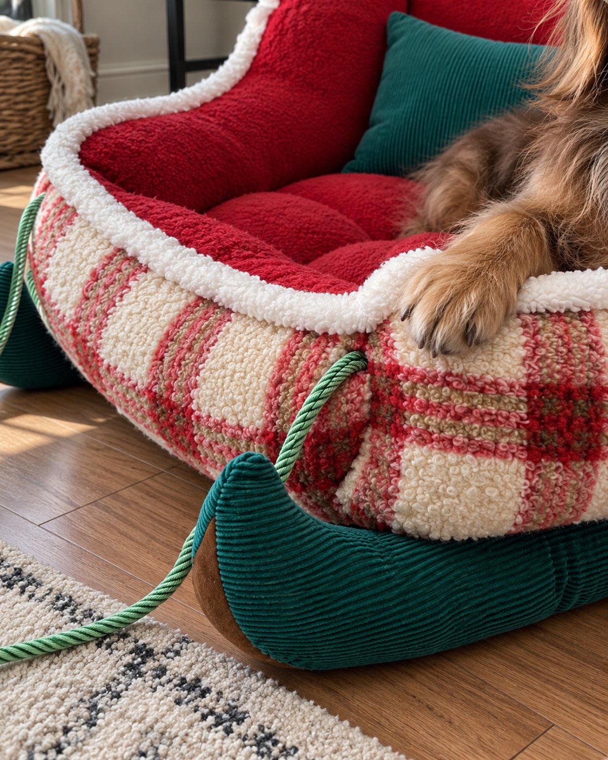 Plaid side, sherpa trim and green runner of the Santa Red bed