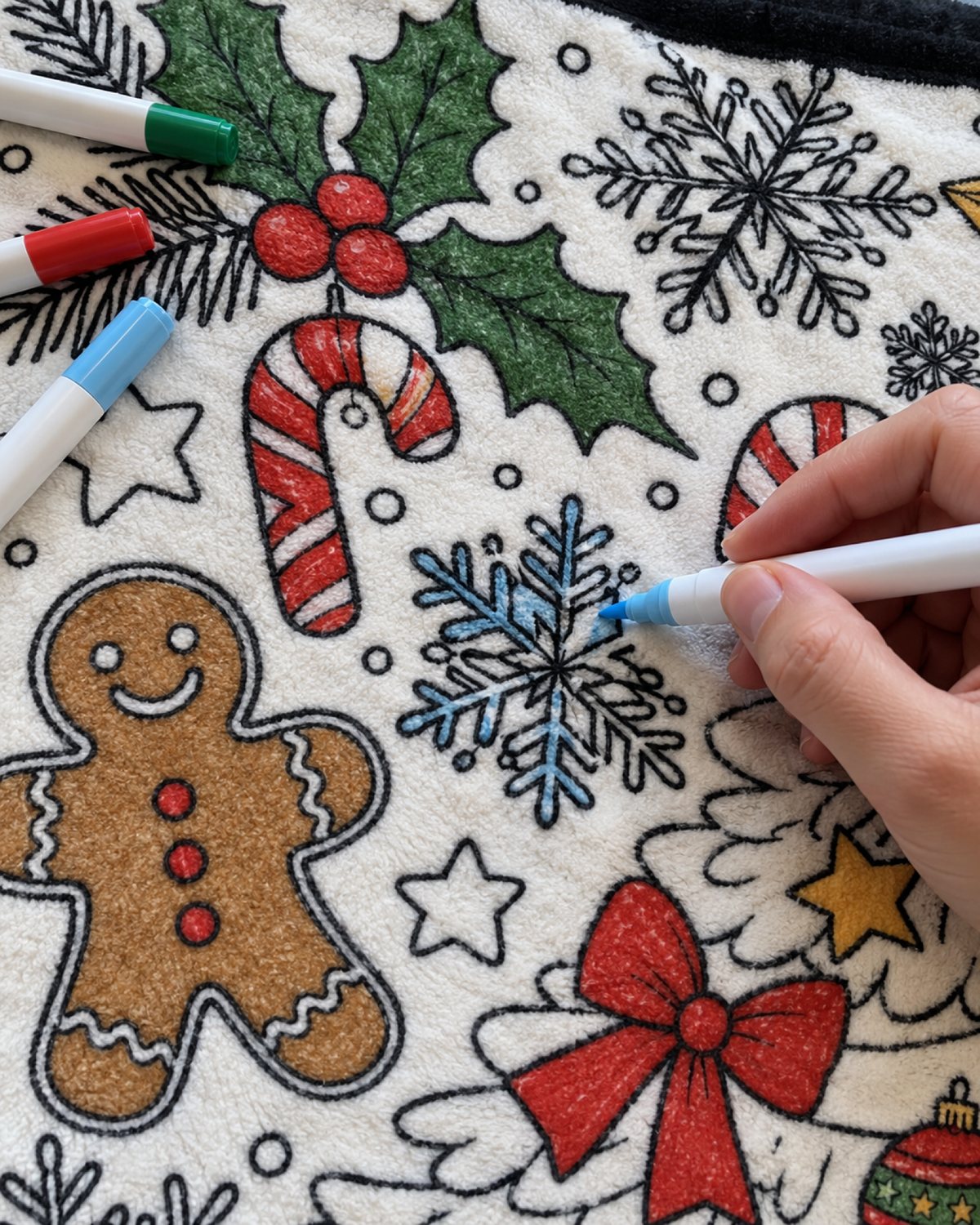 Coloring the Christmas Tree blanket with an acrylic marker