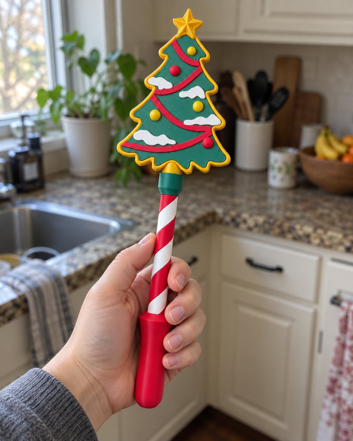 Christmas Tree wand up close, candy-cane handle