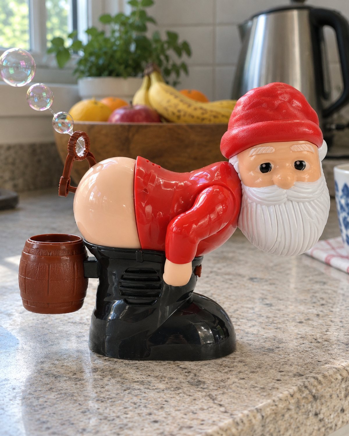 Cheeky Santa lifting its bubble wand out of the little barrel