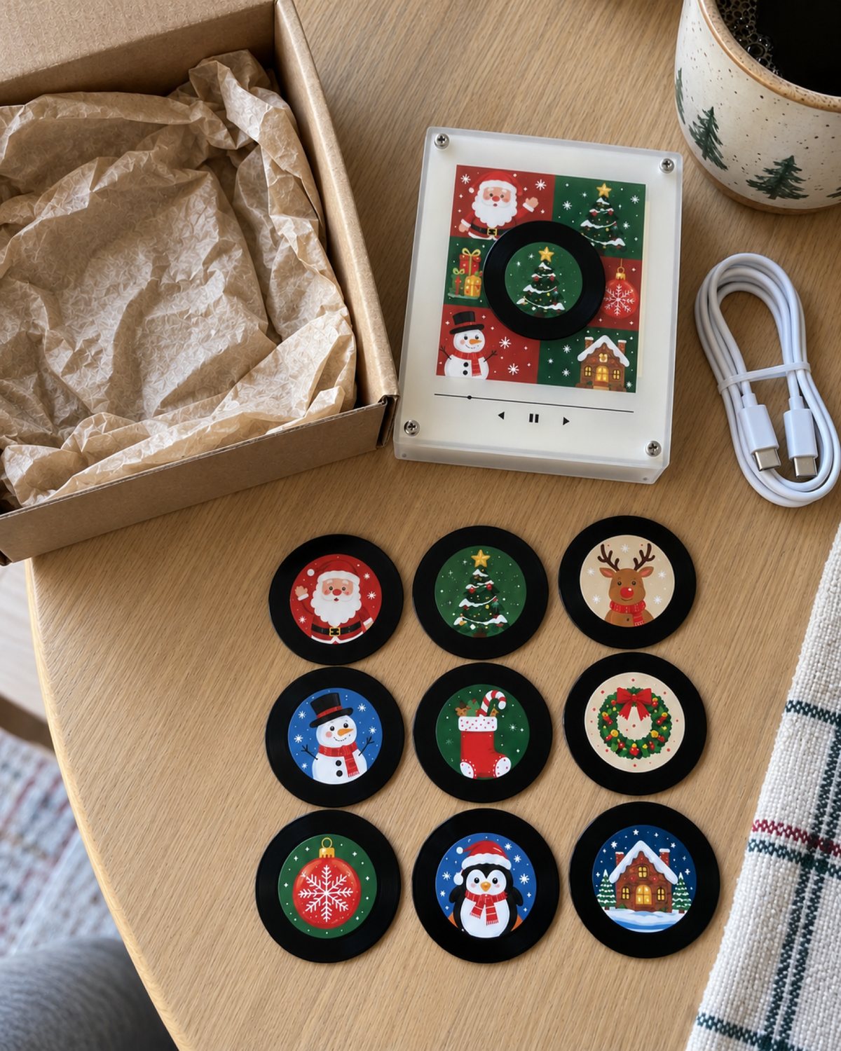 Player, nine mini records, USB-C cable and box on a kitchen table