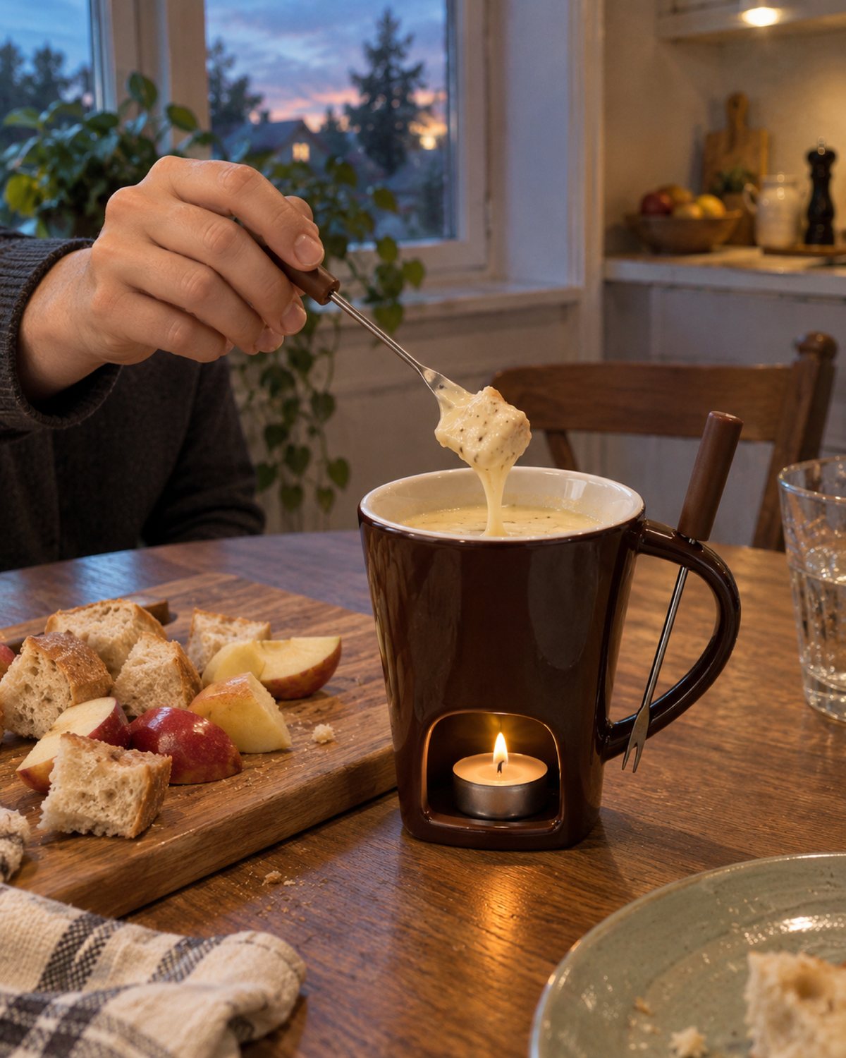Brown mug with melted cheese and bread