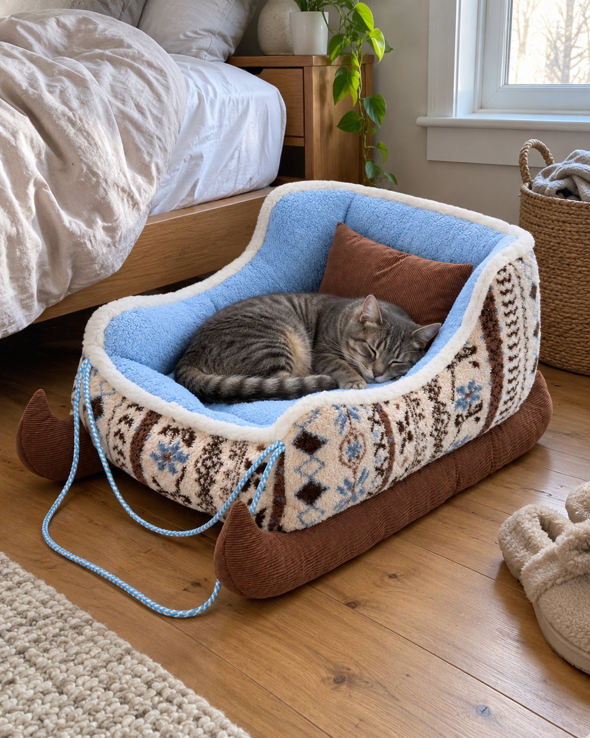 Tabby cat curled up in the Frost Blue sleigh bed