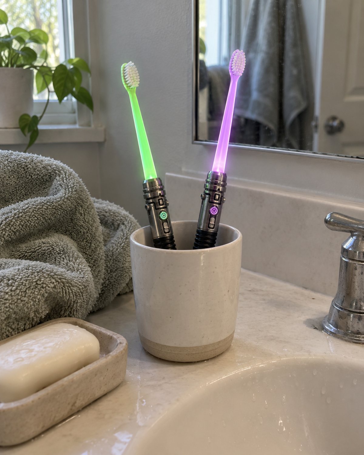 Green and purple brushes in a cup