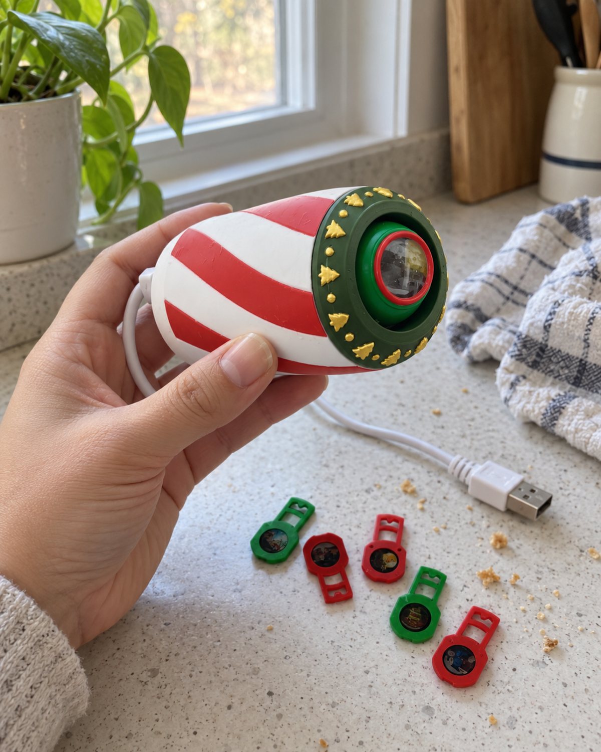 Candy-cane projector with its red and green slides