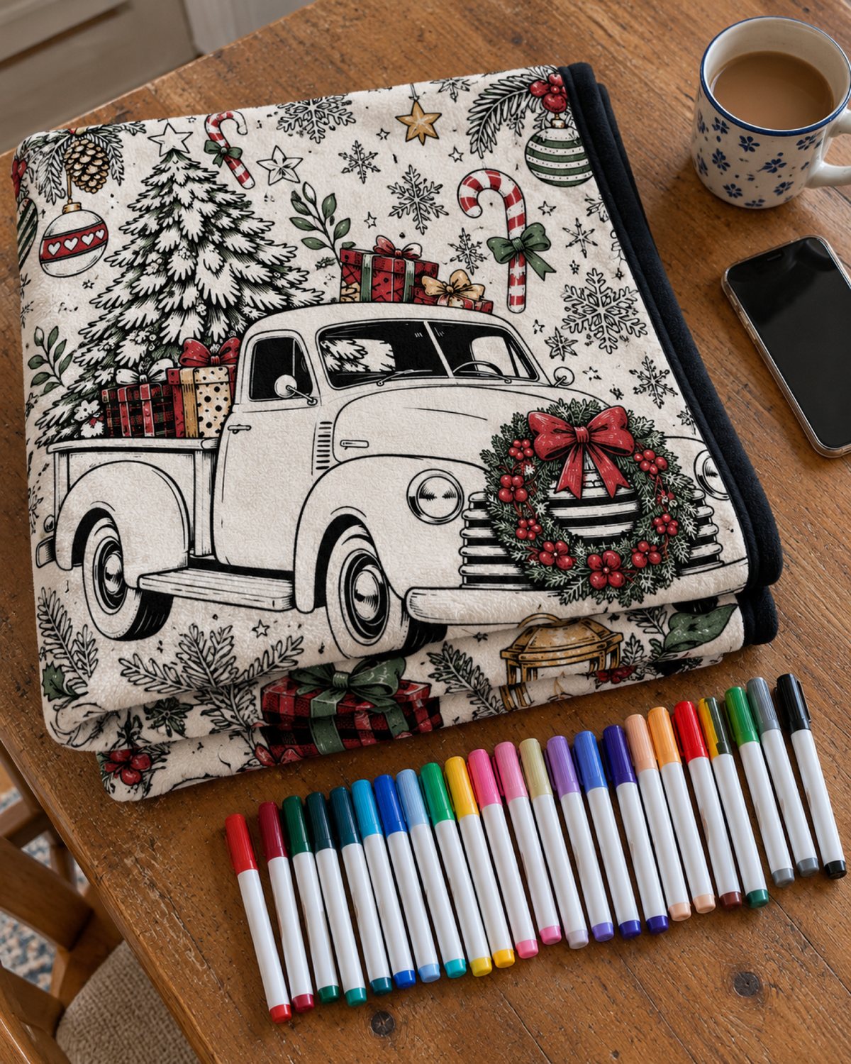 Folded Festive Truck blanket with 24 acrylic markers