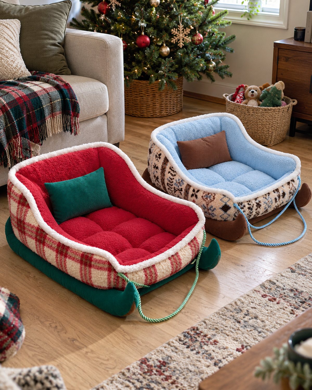 Santa Red and Frost Blue sleigh beds side by side