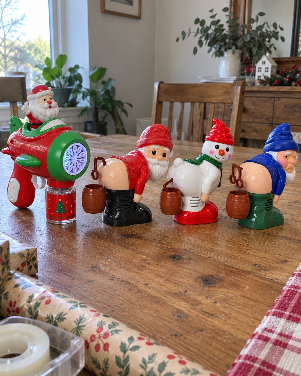 Santa Bubble Gun, Cheeky Santa, Cheeky Snowman and Cheeky Gnome on a table
