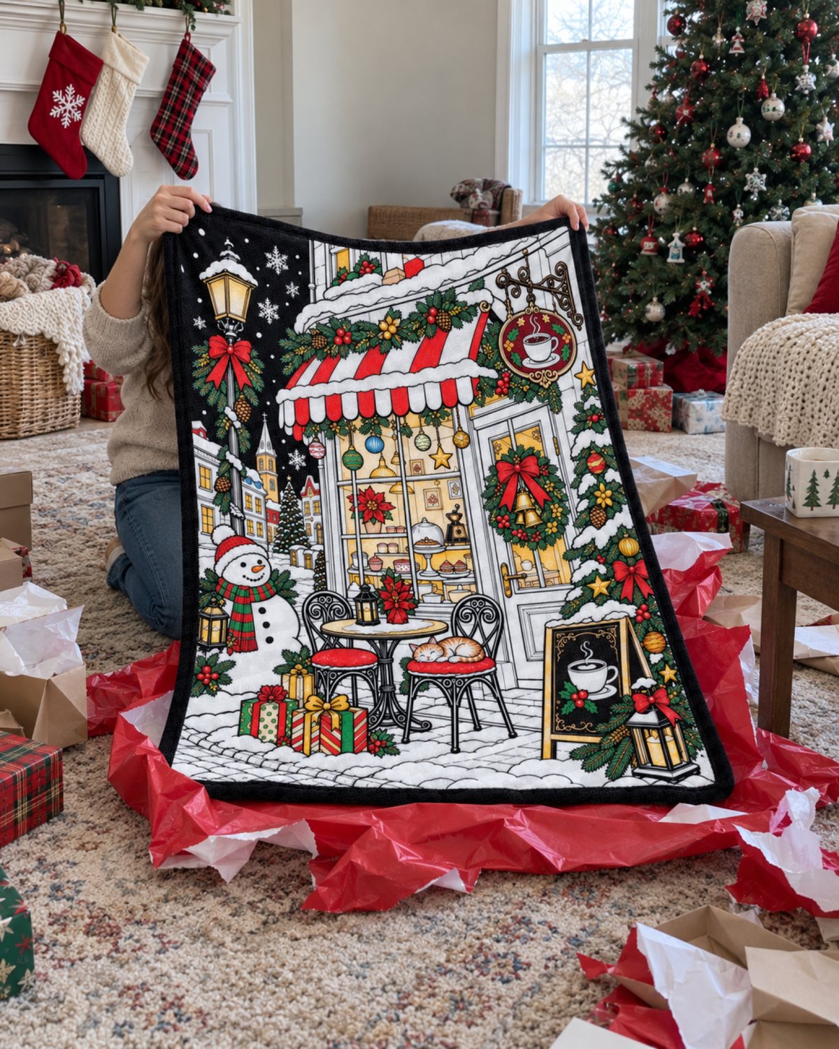 Unwrapping the Christmas Cafe blanket on Christmas morning