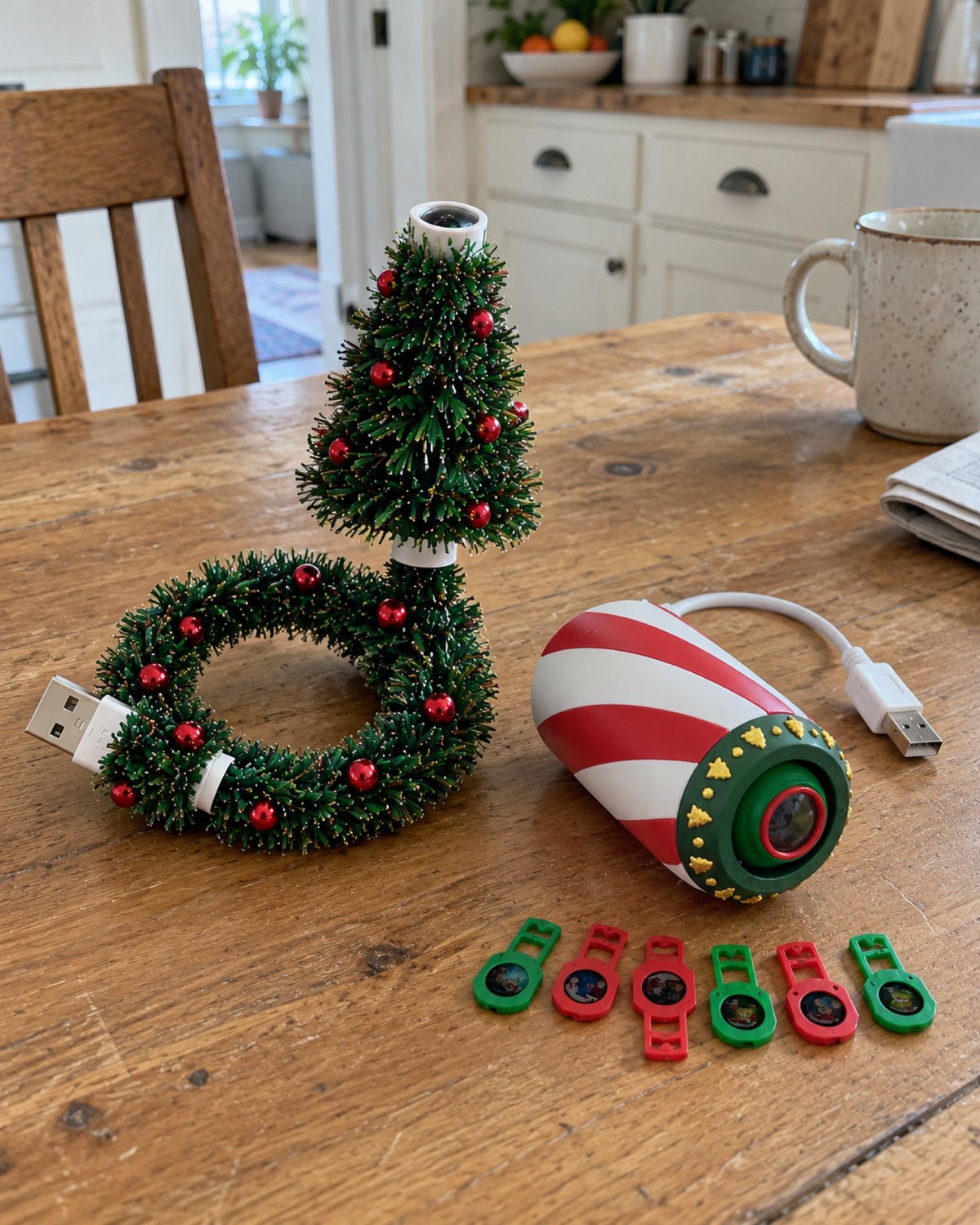 Tree lamp and candy-cane projector side by side