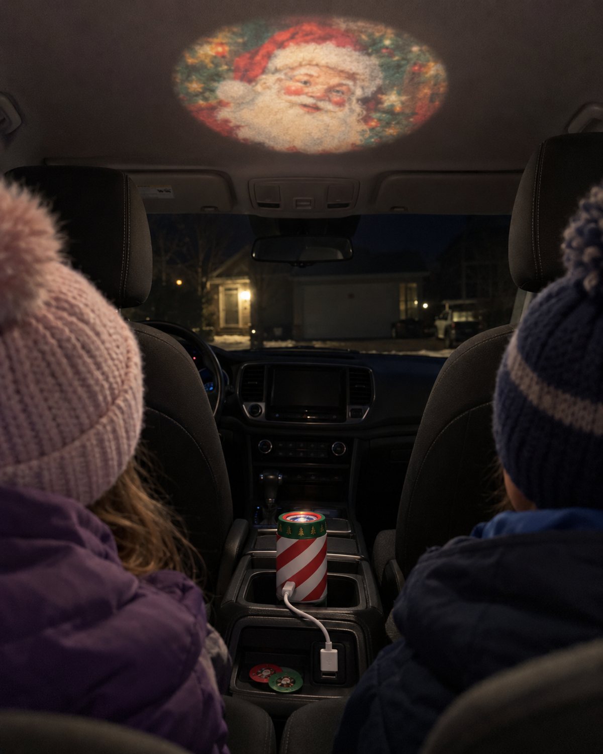 Santa on the car ceiling, for the drive to Grandma's.